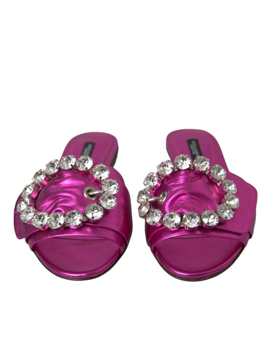 Fuchsia Crystal Leather Flats Sandals Shoes