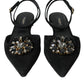 Black Leather Crystal Slingback Sandals Shoes