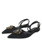 Black Leather Crystal Slingback Sandals Shoes