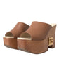 Brown Leather Wood Mules Wedge Slides Shoes