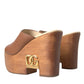 Brown Leather Wood Mules Wedge Slides Shoes