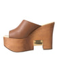 Brown Leather Wood Mules Wedge Slides Shoes