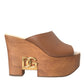 Brown Leather Wood Mules Wedge Slides Shoes