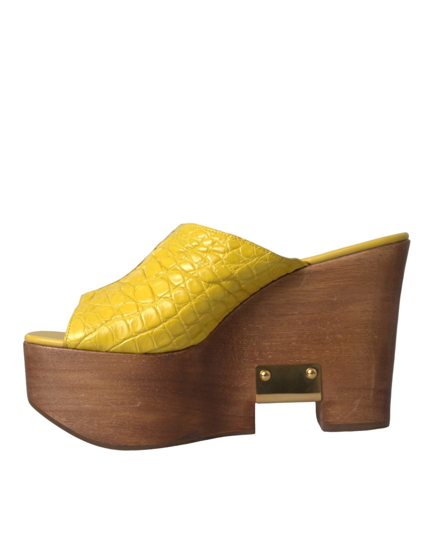 Yellow Leather Wood Mule Wedge Slides Shoes