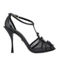 Black Mesh T-strap Heels Sandals Shoes