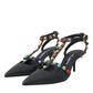 Black Leather Embellished Heels Sandal Shoes