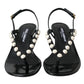 Black Leather Faux Pearl Heel Sandals Shoes