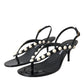 Black Leather Faux Pearl Heel Sandals Shoes