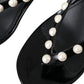 Black Leather Faux Pearl Heel Sandals Shoes