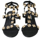 Black Leather Embellished Heel Sandal Shoes