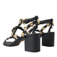 Black Leather Embellished Heel Sandal Shoes