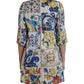 Multicolor Majolica 3/4 Sleeves Shift Dress