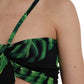 Black Green Leaf Silk Halter Cropped Top