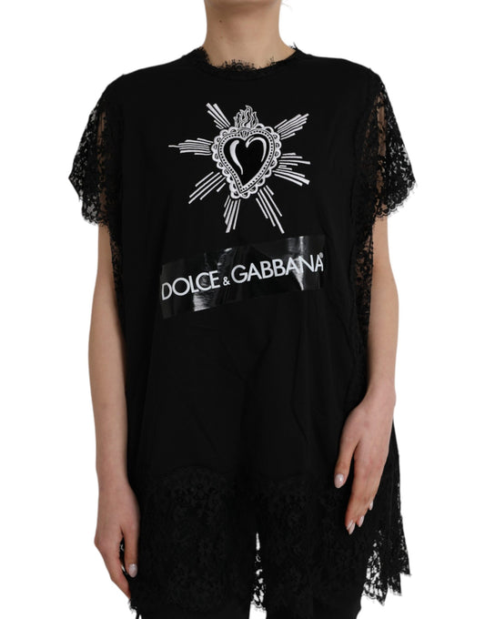 Black Sacred Heart Print Cotton Lace T-shirt