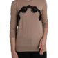 Brown Wool Black Lace 3/4 Sleeve Blouse Top