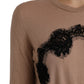 Brown Wool Black Lace 3/4 Sleeve Blouse Top