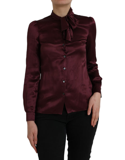 Maroon Ascot Collar Long Sleeve Top Blouse