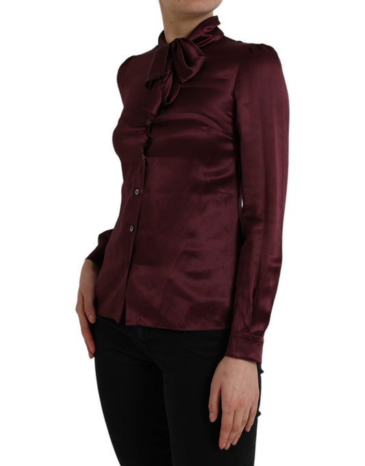 Maroon Ascot Collar Long Sleeve Top Blouse