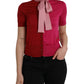 Pink Short Sleeves Pullover Ascot Collar Top