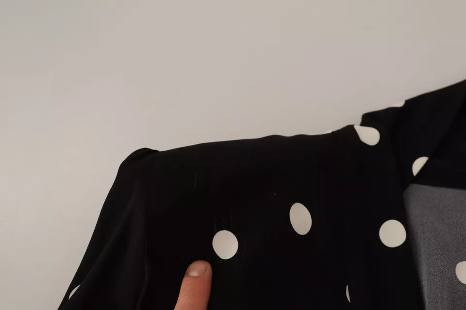 Black Polka Dots Silk Pussy Bow Long Sleeves Top