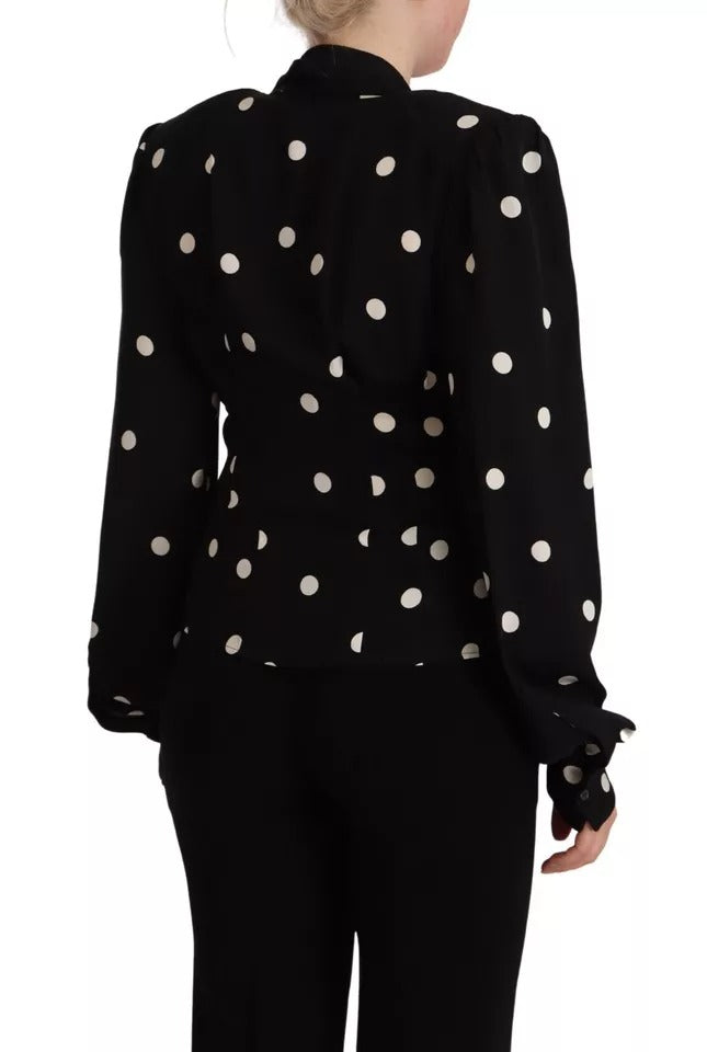 Black Polka Dots Silk Pussy Bow Long Sleeves Top