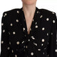 Black Polka Dots Silk Pussy Bow Long Sleeves Top