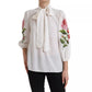 White Floral Silk Ascot Collared Top Blouse