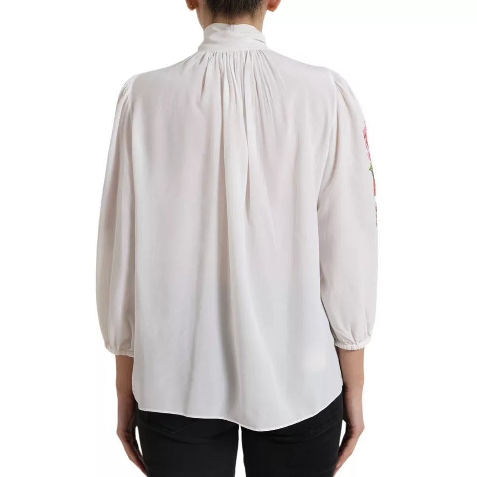 White Floral Silk Ascot Collared Top Blouse