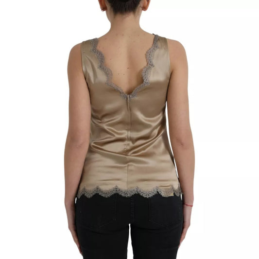 Brown Lace Trim V-neck Sleeveless Tank Top