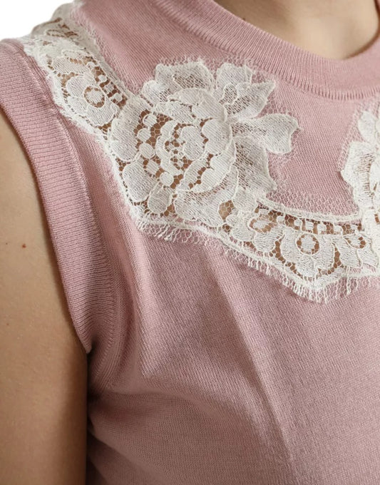 Pink Cashmere Lace Trim Sleeveless Tank Top