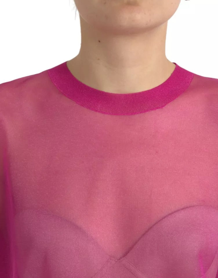 Pink Transparent Crewneck Long Sleeves Top