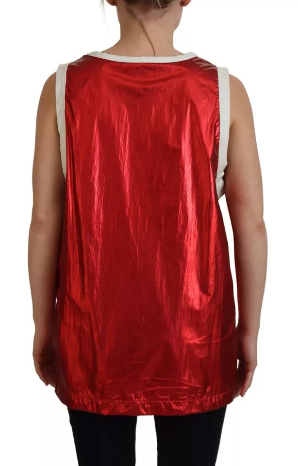 Red Nylon Logo Print Sleeveless Jersey Top