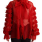 Red Silk Ascot Collar Ruffles Blouse Top