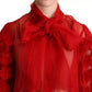 Red Silk Ascot Collar Ruffles Blouse Top