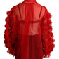 Red Silk Ascot Collar Ruffles Blouse Top