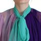 Multicolor Long Sleeves Ascot Collar Silk Top