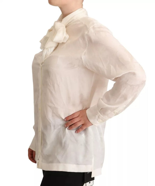 White Blouse Ascot Collar Shirt Silk Button Top