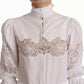 White Cotton Lace Trim Turtle Neck Blouse Top