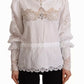 White Cotton Lace Trim Turtle Neck Blouse Top