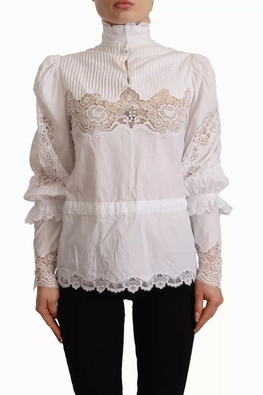 White Cotton Lace Trim Turtle Neck Blouse Top