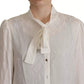 White Patterned Silk Ascot Collar Blouse Top