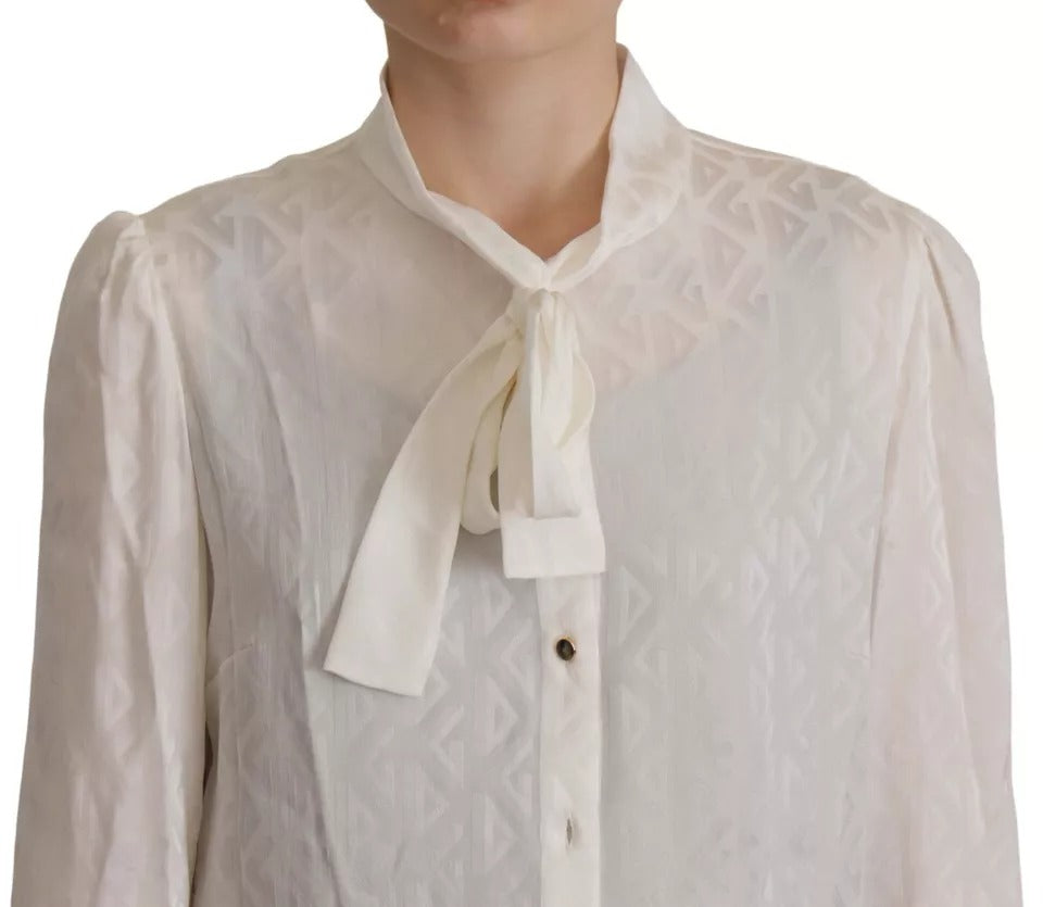 White Patterned Silk Ascot Collar Blouse Top