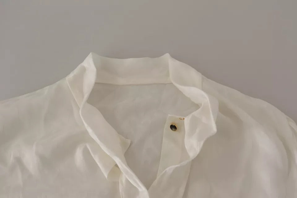 White Patterned Silk Ascot Collar Blouse Top