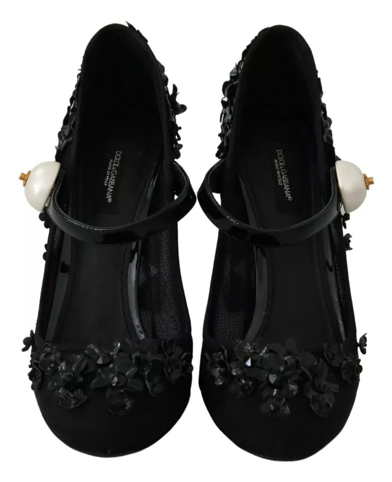 Black Floral Embellish Heels Mary Janes Pumps Shoes