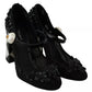 Black Floral Embellish Heels Mary Janes Pumps Shoes