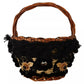 Black Beige Straw Basket Tote Pom Pom Crystals Bag