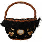 Black Beige Straw Basket Tote Pom Pom Crystals Bag