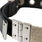 Black Leather Beige Strap Silver Metal Buckle Belt