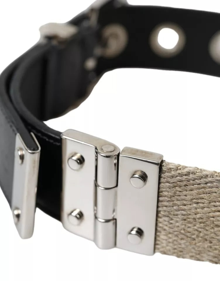 Black Leather Beige Strap Silver Metal Buckle Belt