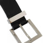 Black Leather Beige Strap Silver Metal Buckle Belt